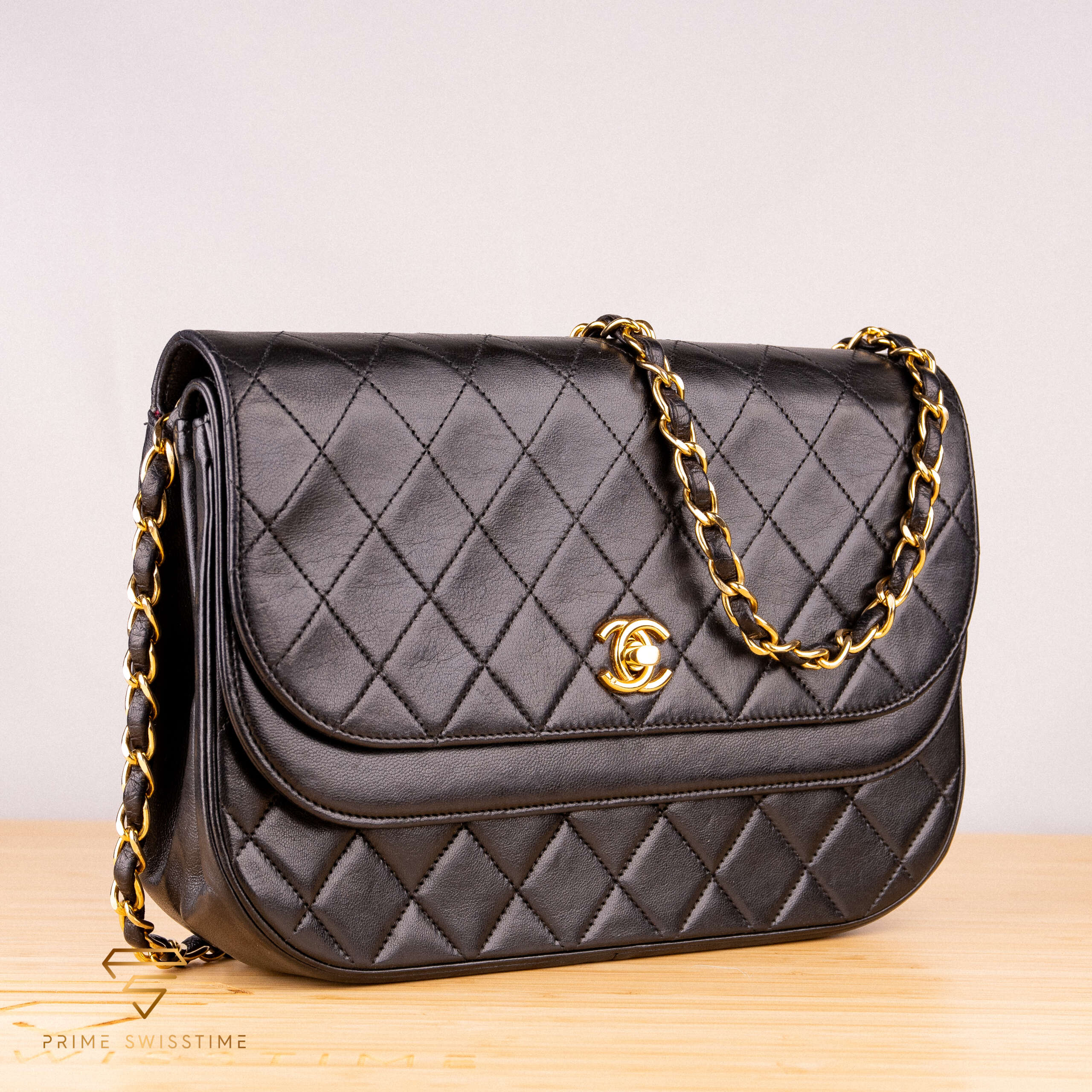 Chanel Double Flap Black Lambskin Half Moon Bag